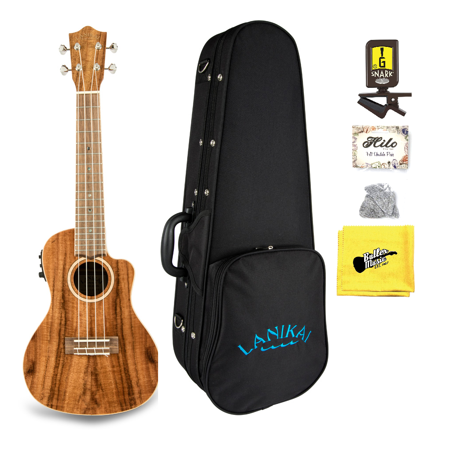 Lanikai AC-CEC Solid Acacia Top Concert Acoustic Electric Ukulele, Snark Bundle