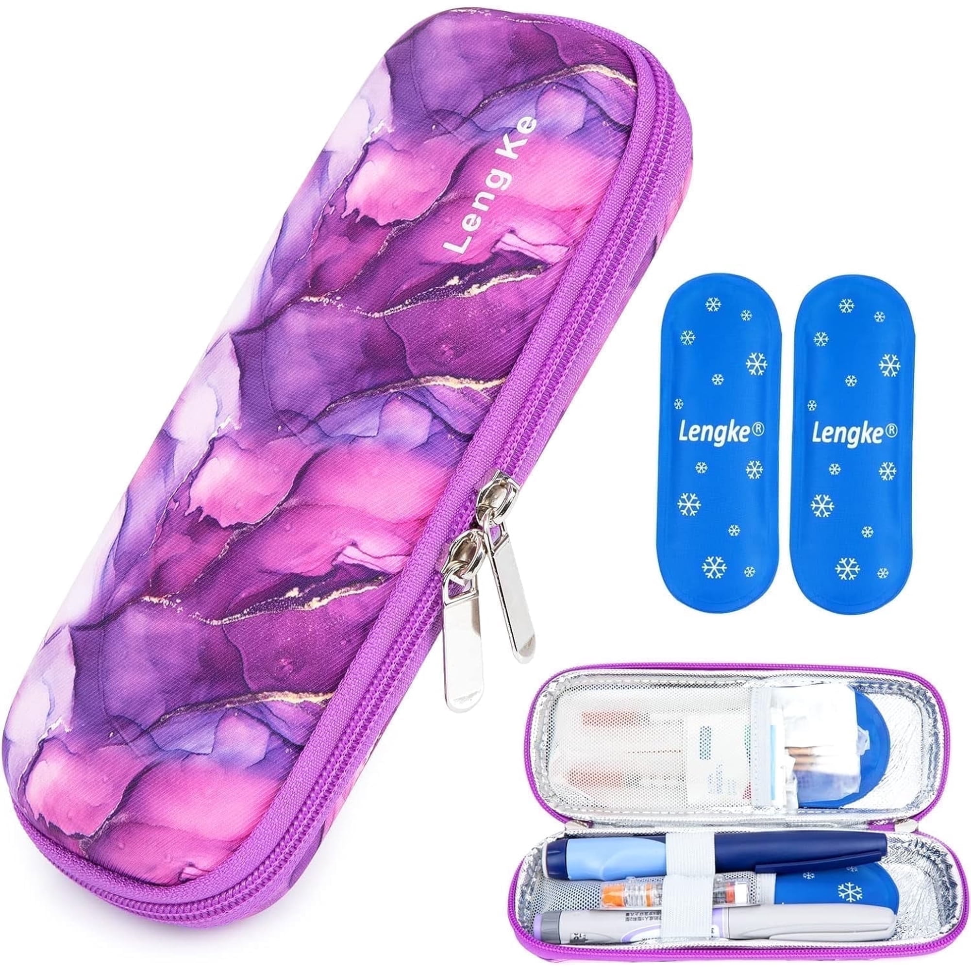 SUNMON Insulin Cooler Travel Case with 2 Gel Ice pack for Travel- Peptide Cooling Medical Bag for Insulin Pen and Diabetic Supplies Handy Medication Insulated (Marble Purple)