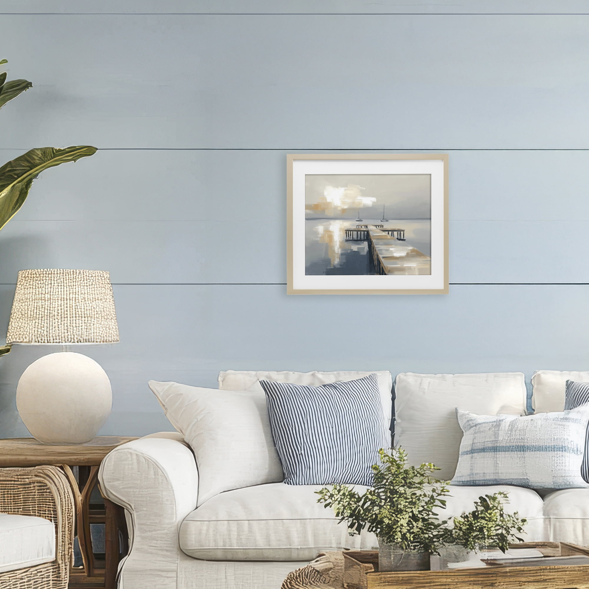 Stupell Industries Pier with Two Boats Seascape Birch Framed Print Under Glass, design by Kim Curinga