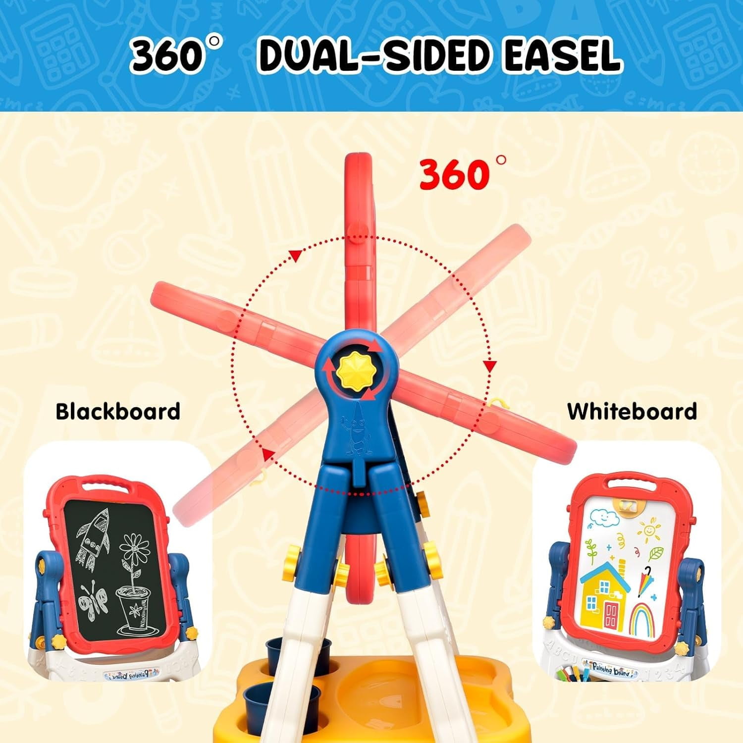 AuntyFey Art Easel for Kids, Adjustable Double-Sided with Chalk Board & Magnetic Whiteboard for Toddlers, Blue & Red