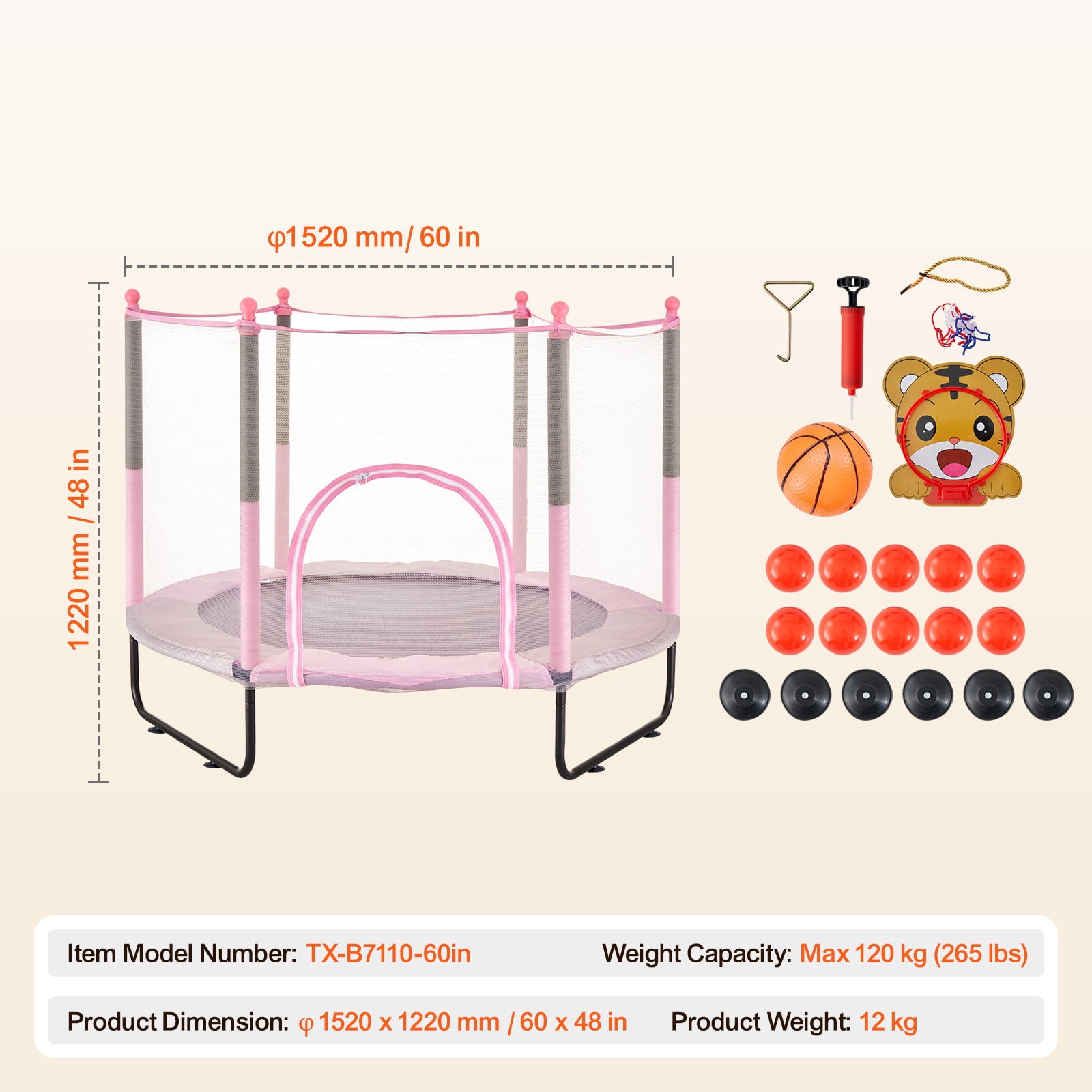KFFKFF 60" Children's Trampoline, 5FT Trampoline for Indoor and Outdoor Use, Compact Trampoline for Toddlers with Protective Netting and Basketball Hoop