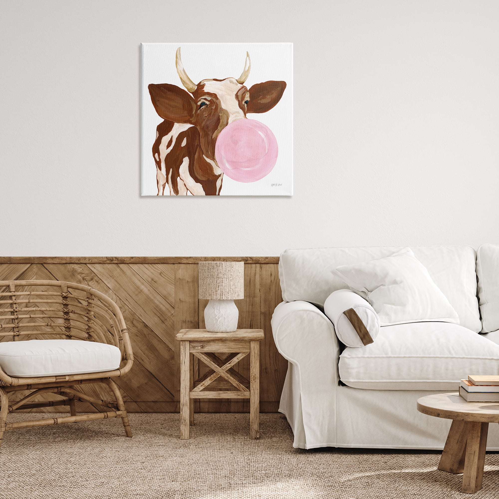 Stupell Industries Happy Bubblegum Cow Animals Painting Wrapped Canvas Art Print Wall Art, 30 x 30