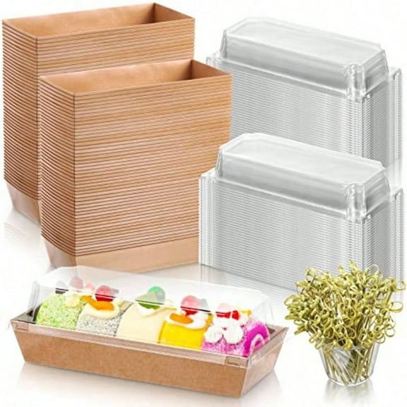 Sunnyray 200 Paper Charcuterie Sandwich Box with Clear Lids and Cocktail Picks Set 100 Pcs 7.5'' Disposable Food Container 100 Skewers for Strawberries Chocolate Covered Cookies Dert Brown