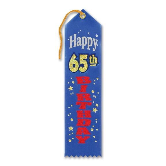 Beistle Biestle 2"" x 8"" Happy 65th Birthday Award Ribbon Blue 9/Pack AR206