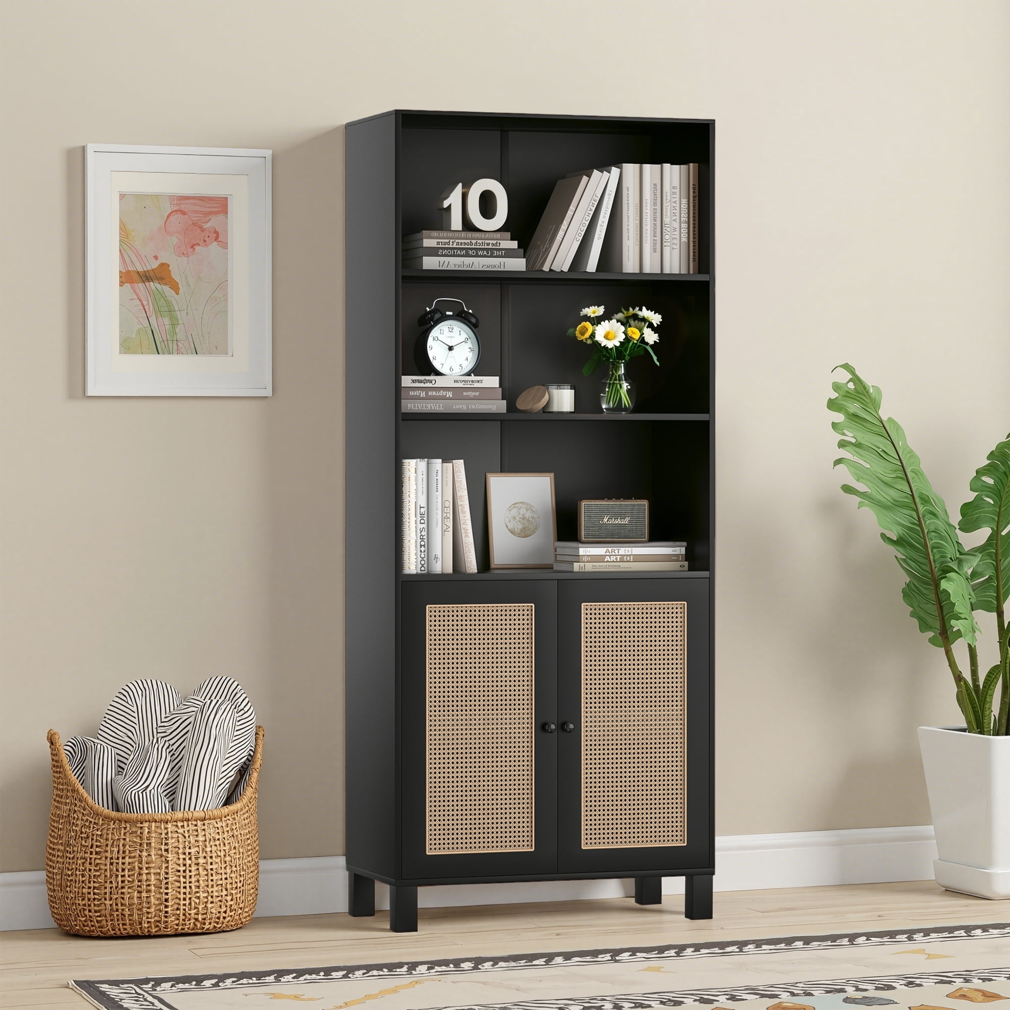 MAYEERTY 5-Shelf Bookcase with Rattan Doors, Tall Display Shelves for Home Office & Bedroom, Black