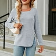 thumbnail image 4 of Blczomt Dressy Casual Women Tops Blue Y2K Long Sleeve Shirts Slit Crew Neck Solid Color Women's Blouses L, 4 of 4