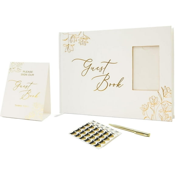 Guestbook Bundle Set (Guestbook, Sign, Photo Corners, Box & Pen Included) - Wedding Birthday Event Guestbook with Photo Insert Slot