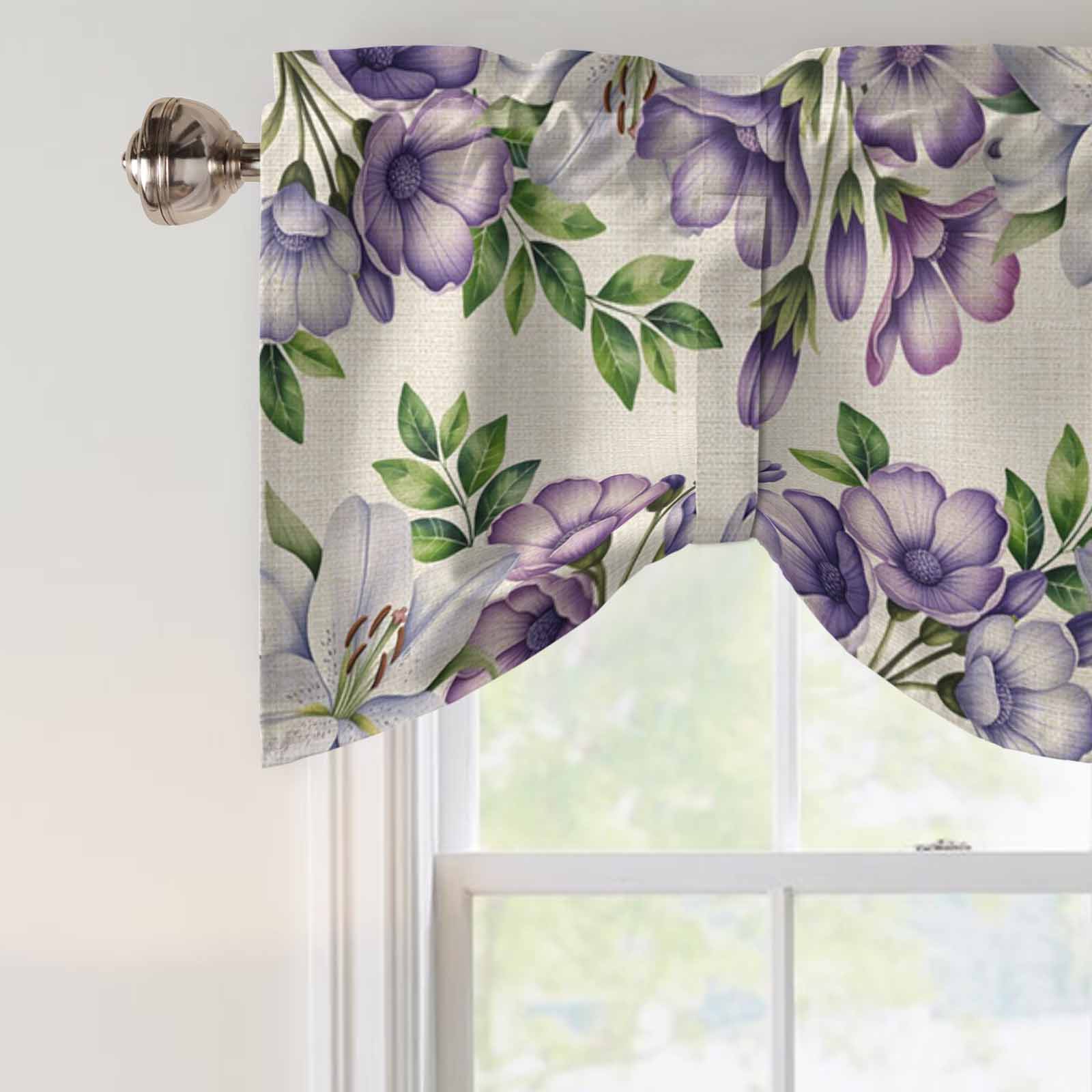 Purple White Flowers Tie Up Valance for Windows, Spring Plants Green Leaf Watercolor Linen Texture Adjustable Rod Pocket Tie Up Valance Curtains for Kitchen Bathroom Bedroom 60 X 18 Inch