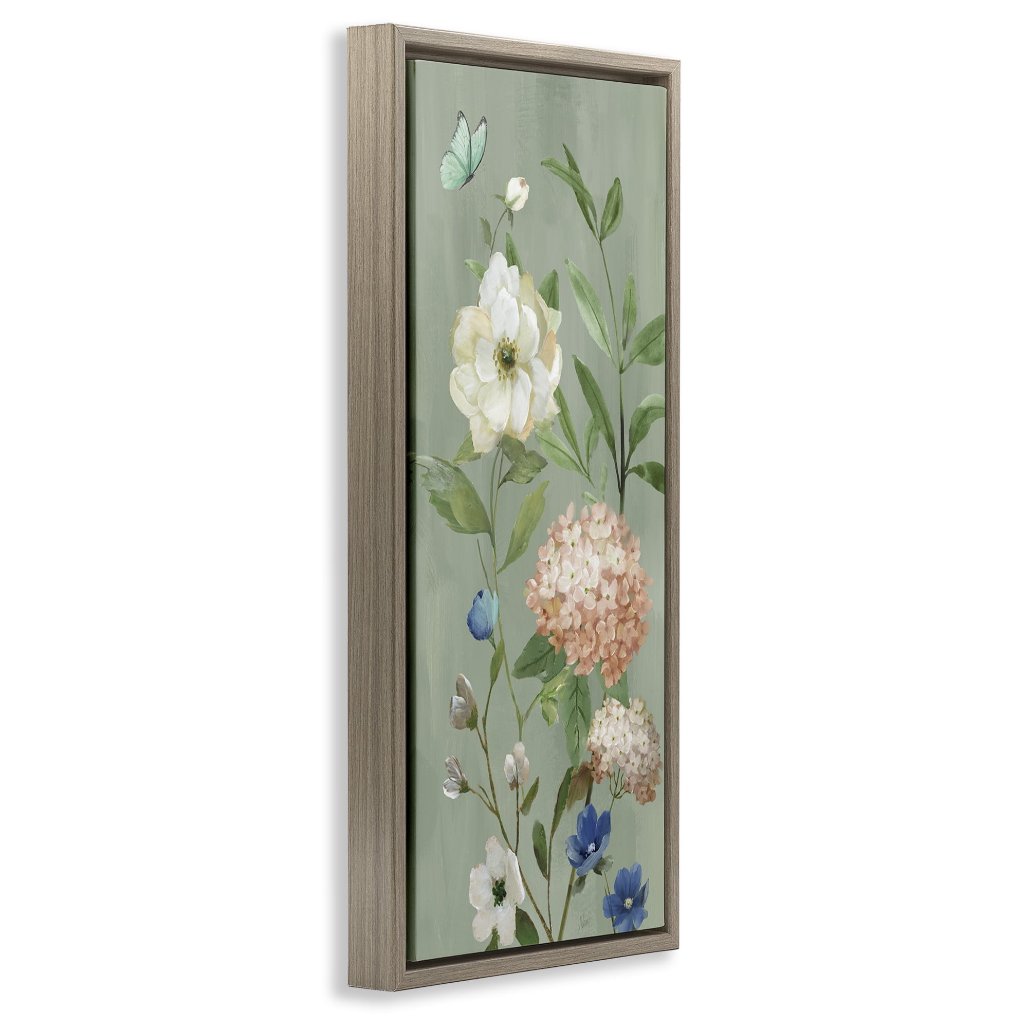 Stupell Industries Mint Floral Cluster & Butterfly Brown Framed Floater Canvas Wall Art, design by Nan