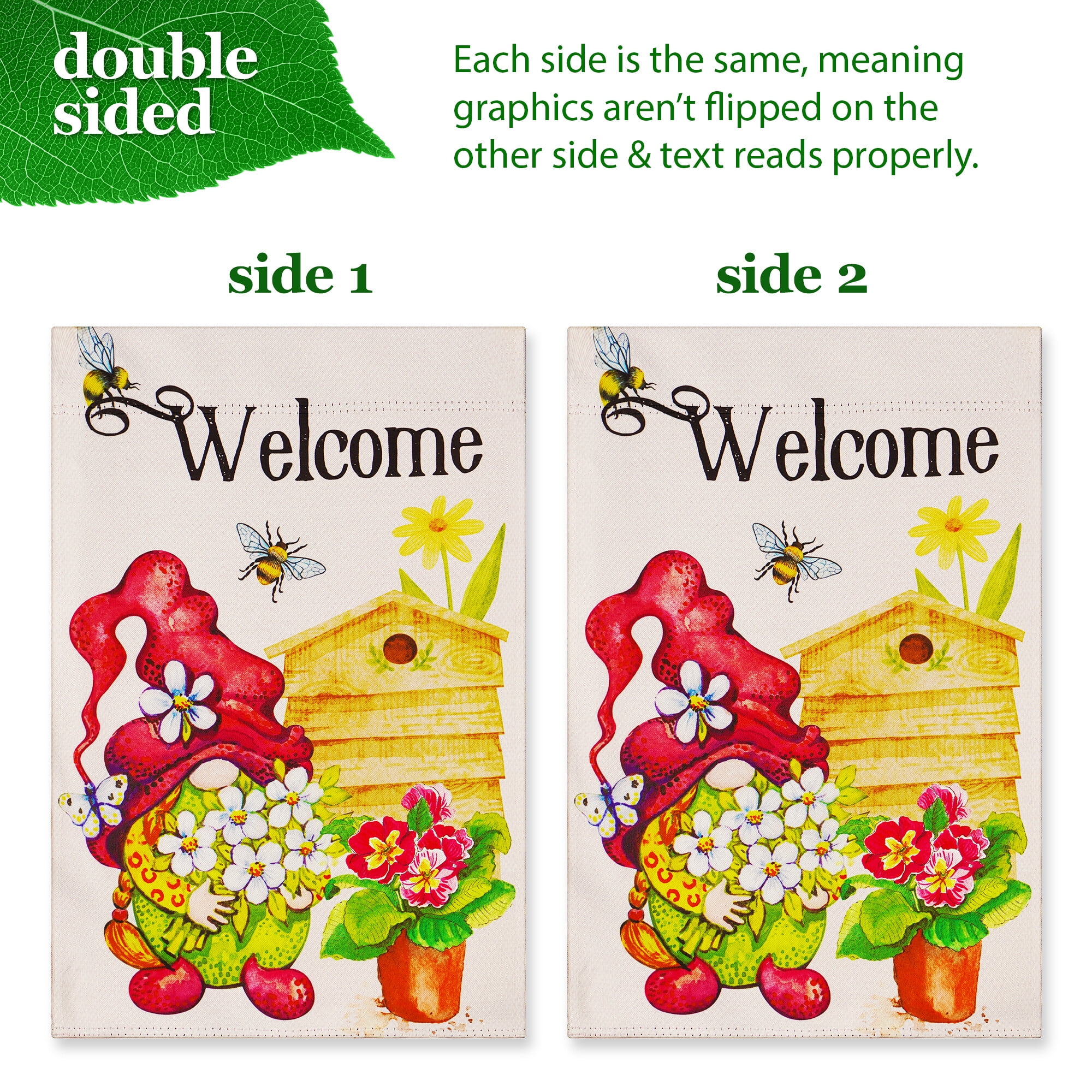 G128 Combo Pack: Garden Flag Stand Black 36 in x 16 in & Garden Flag Spring Decoration Welcome Gnome with Flowers 12"x18" Double-Sided Blockout Fabric