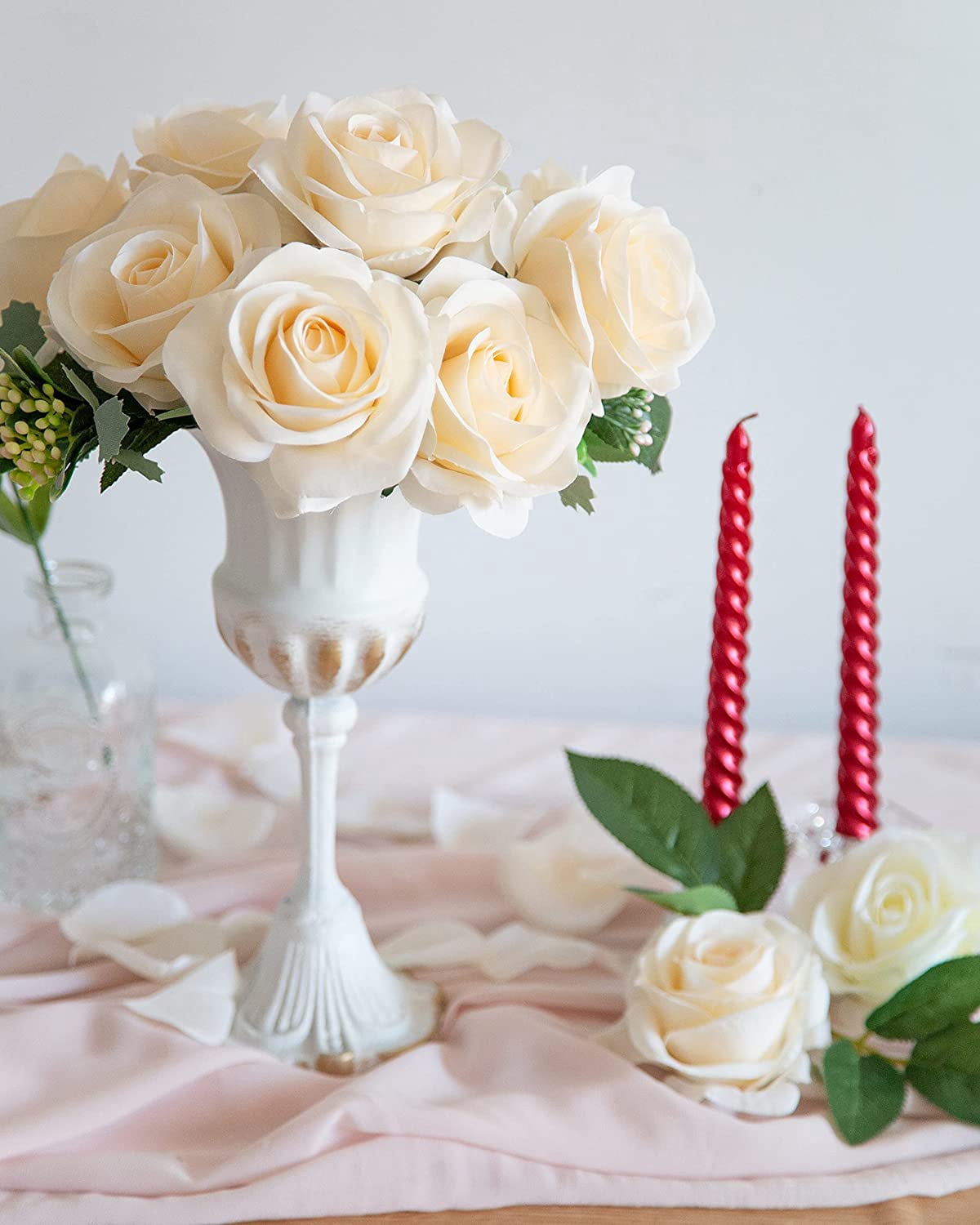 10pcs Fake Roses Artificial Silk Flowers Faux Rose Flower Long Stems Bouquet for Arrangement Wedding Centerpiece Party Home Kitchen Decor(Ivory-White Long Stem)