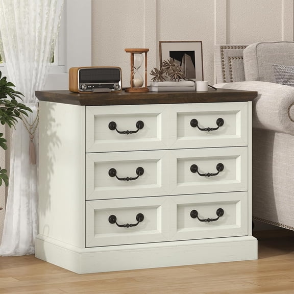 Winkalon Nightstand with Charging Station, 3 Drawer Night Stand, 27.6 Inch Wider Side Table with Storage, Farmhouse Nightstand with Vintage Handles, Thicken Base, for Bedroom, Rustic White