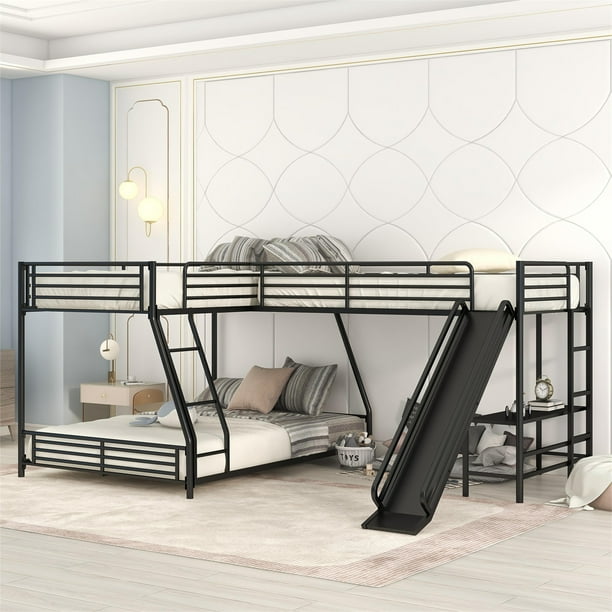 L Shaped Triple Bunk Bed with Builtin Desk and Slide,Metal Twin Over
