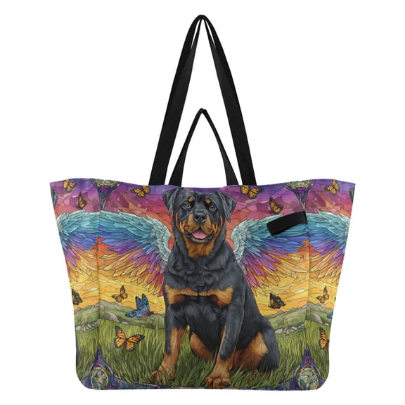 Cartoon Rottweiler Canvas Tote Bag Large Capacity Reusable Tote with Double Handles, Foldable Heavy Duty Shopping Beach Laundry Bag, 32L