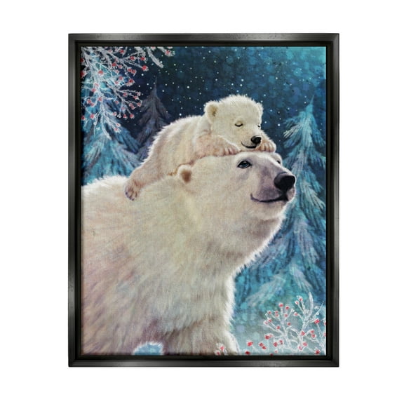 Stupell Industries Polar Bear & Cub Winter Scene Holiday Painting Black Floater Framed Art Print Wall Art