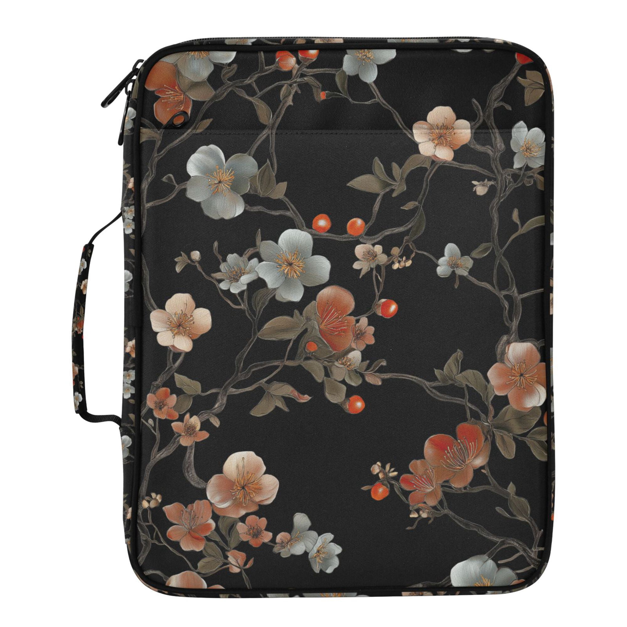 FORMRS Accordion File Folder A4 Size 7-Pocket Expanding Document Organizer Bag with 3 Ring Binder, Black Flowers
