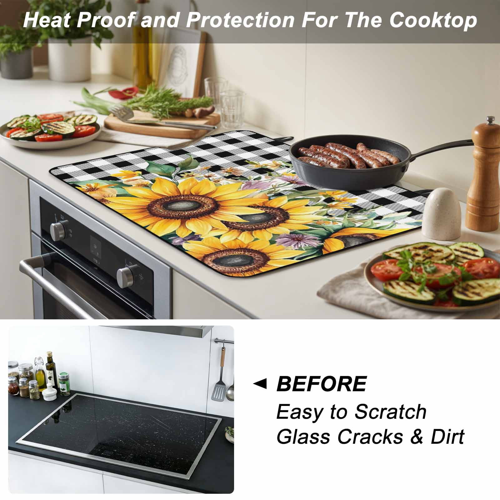 Sunflower Plaid Stove Top Cover for Electric Stove, Heat-proof & Non Slip Glass Top Stove Cover Protector, Black White Checkered Yellow Floral Kitchen Flat Cooktop Rubber Mat 24x21 Inches