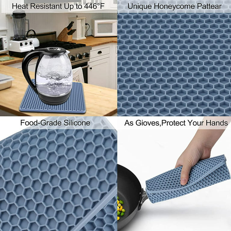 Silicone Table Mat, 4pcs , 18.5cm Honeycomb Kitchen Table Pad Multi-purpose  Hot Pads, Spoon Rest, (square-black)