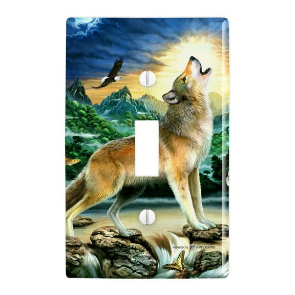 Howling Wolf Sunset Forest Butterflies Plastic Wall Decor Toggle Light Switch Plate Cover