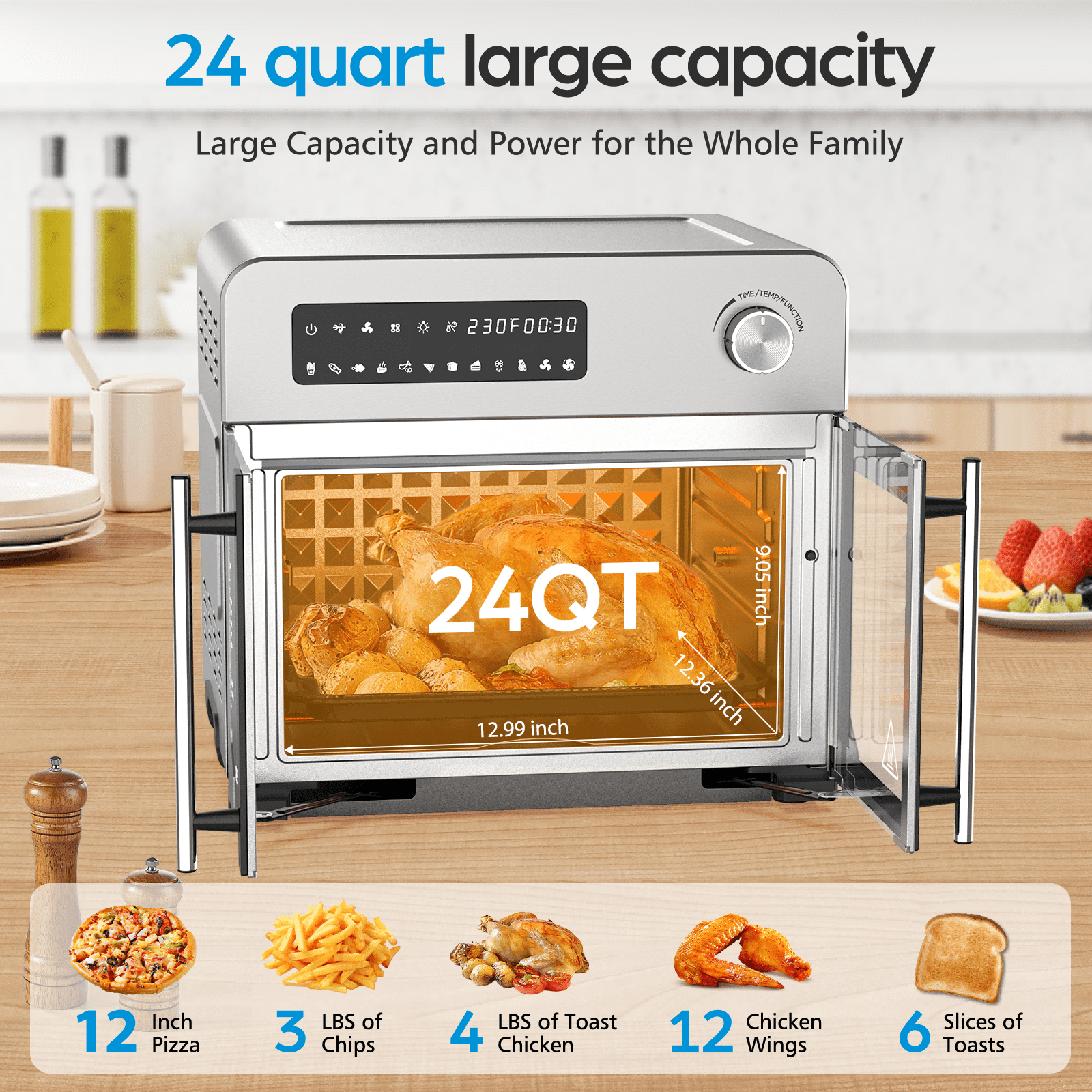 OSTBA 10‑in‑1 French Door Air Fryer Toaster Oven Combo, 24QT Countertop Convection Oven with 102 Recipes & 7 Accessories, 30% Faster Cooking, 90% Less Oil, Stainless Steel