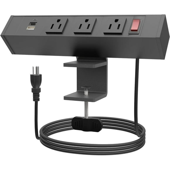 FOH 1875w Aluminio Abrazadera ajustable para regleta de alimentación, Toma de corriente con interruptor, Soporte de Escritorio Todo en uno con 3 salidas de CA, USB-A y USB-C con Cable 6FT