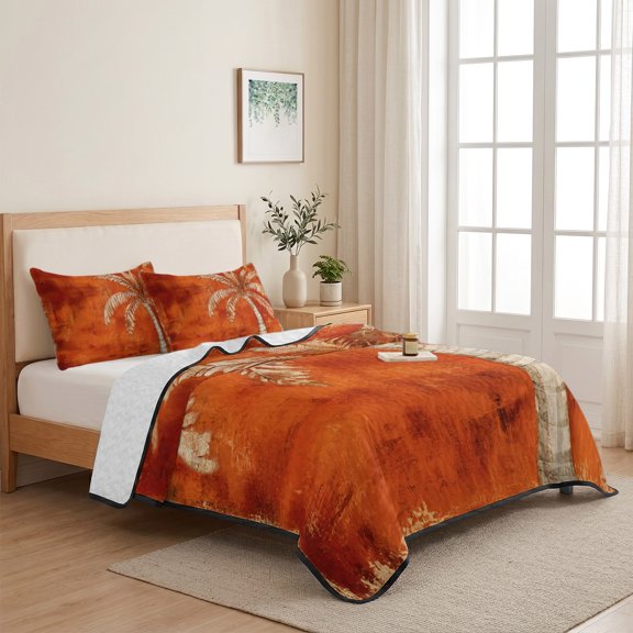 3 Piece Summer Bed Quilt Set Twin XL Size,Summer Beach Palm Tree Lightweight Bedspread Coverlet with 2 Pillowcases Vintage Ombre Orange Soft Comforter Bedding Quilts for All Season
