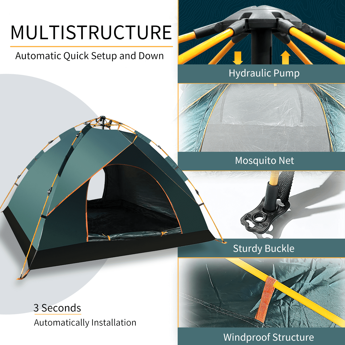 Automatic Pop Up Camping Tent for 3-4 Person, Portable Waterproof Dome Tent  with Mesh Windows, Instant Family Camping Tent, Outdoor Lightweight