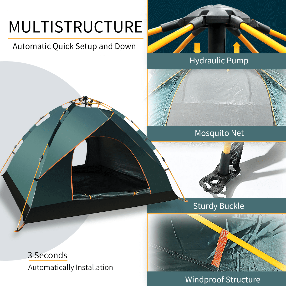 3-4 Person Automatic Pop Up Tent for Camping, Portable Instant Tent, Camping Gear Rainproof Camping Tent with Carrying Bag, Lightweight Outdoor Tent, for Camping, Hiking, Beach or Mountaineering