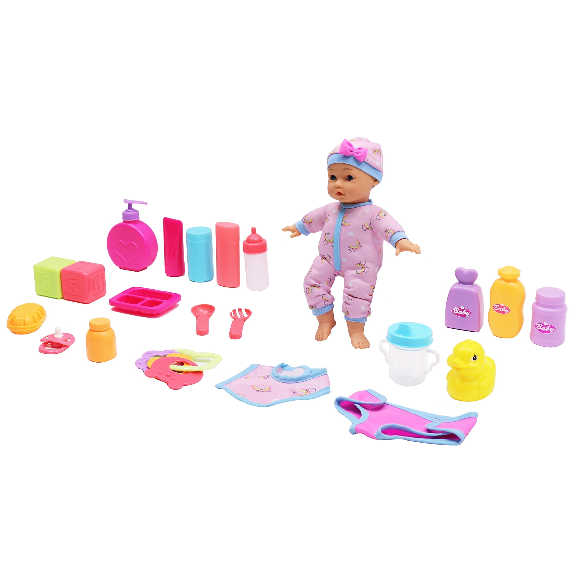Dream Collection: Baby Doll Starter Set - Pink & Blue, 12" Lifelike Doll, Mix & Match Clothes, 3 pc Feeding Accessories, Soft & Posable, Kids Ages 2+
