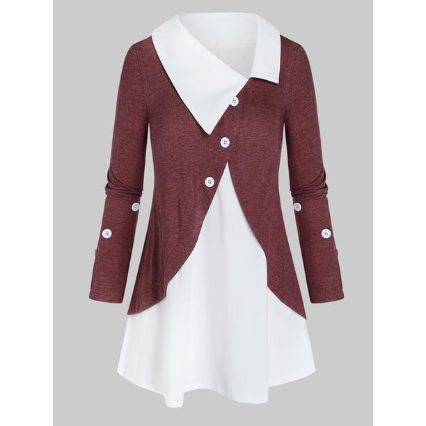 Tamaño más Faux Twinset Mock botón camiseta Rosegal Mangas largas de talla grande