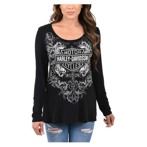 Harley-Davidson Women's Rhinestone & Shield Crochet Lace Shirt, Black (M), Harley Davidson Walmart.com