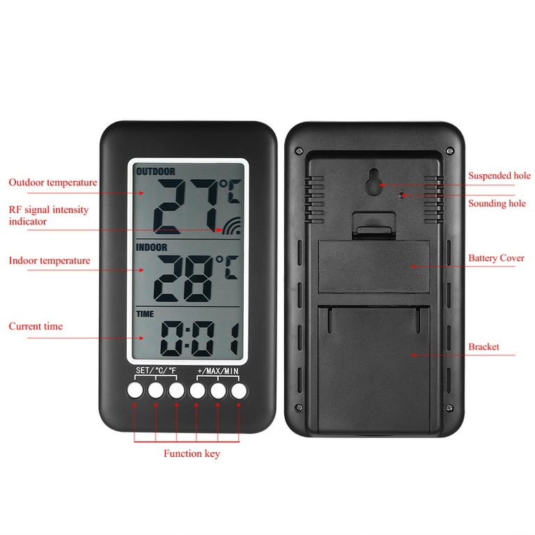 LCD / Digital Wireless Indoor/Outdoor Thermometer Clock Temperature Meter with Transmitter, Size: 150, Black