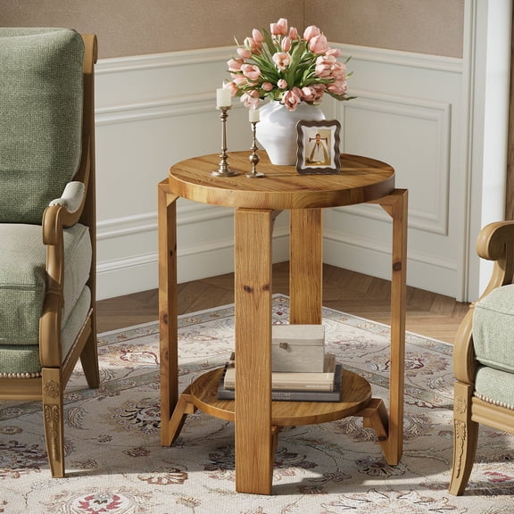 Finmind Solid Wood End Table, 19.69 Inch Round Sofa Side Table with Storage,  2-Tier  Farmhouse Wooden Nightstand for Living Room, Bedroom, Couch, Easy Assembly, Brown