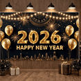 thumbnail image 6 of Gold Theme Happy New Year Banner Sparkling Design 2026 New Year Display Golden Balloons Firework Elements New Year Celebration Backdrop for New Year Party Holiday Celebration New Year Eve Event, 6 of 9