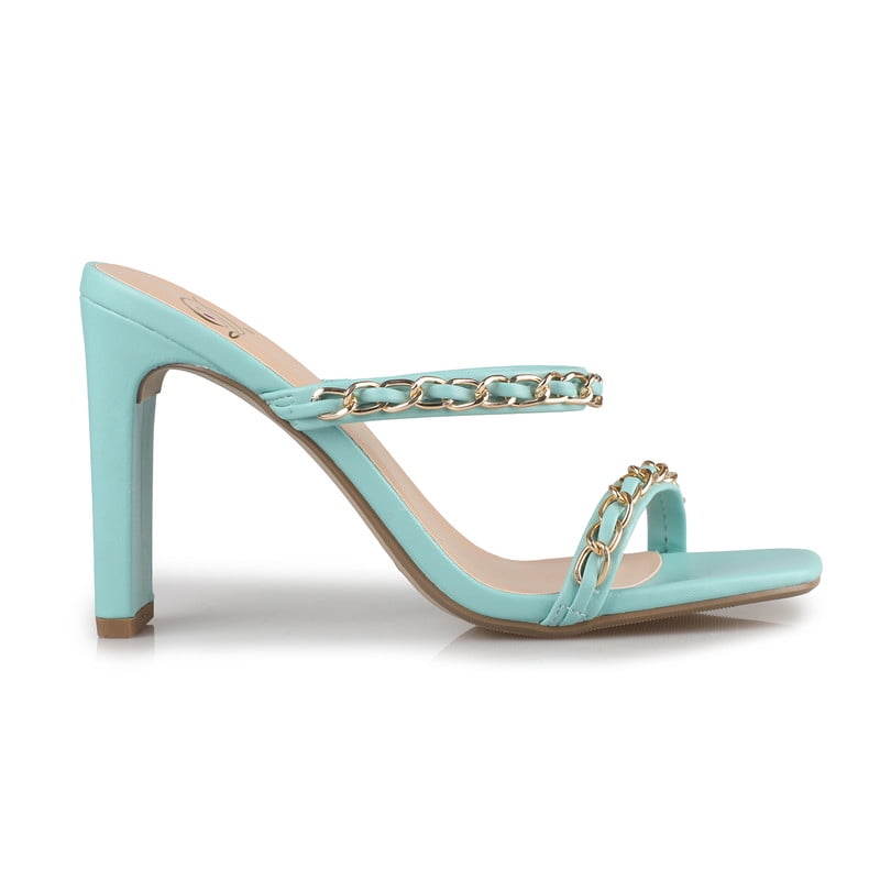 Women's Glam in Teal Gold Chain Detail Skinny Band Sandals