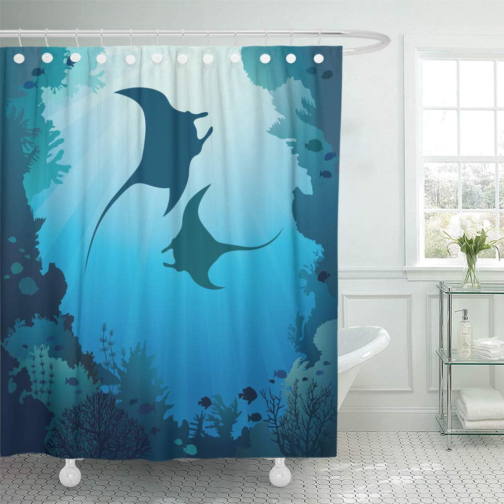 Yusdecor Silhouette Of Two Mantas And Coral Reef On Blue Bathroom Decor Bath Shower Curtain 66x72 Inch Walmart Canada