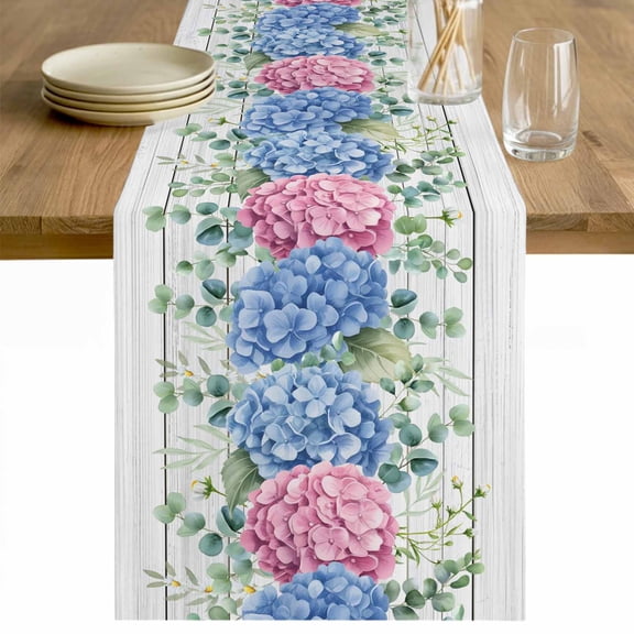 Blue Pink Hydrangea Table Runner 70 Inches Long Farmhouse Dress Scarves, Eucalyptus Leaves Wooden Summer Botanical Dining Tablerunner for Coffee Table/Kitchen Island/Party Décor, 13" x 70"