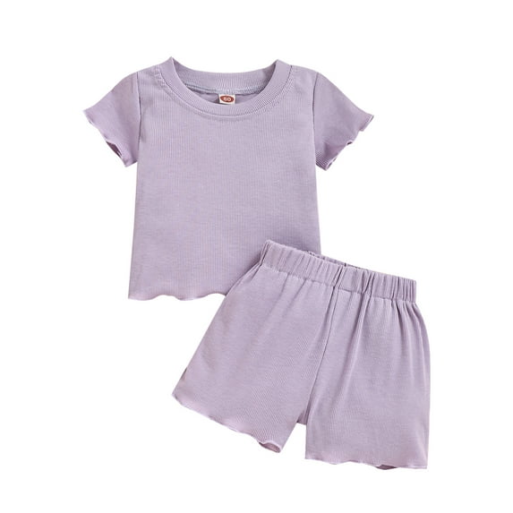 Douhoow 1-5 Years Girls Two Pieces Clothes Solid Ribbed Cotton Short Sleeve T-Shirt+Shorts