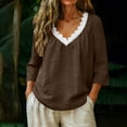 thumbnail image 2 of Womens T shirt 3/4 Sleeve Summer Tops V Neck Lace Trim Blouses Soft Cotton Linen Solid Color Tops Trendy Retro Autumn clothes Embroideried Pretty Outfits, 2 of 6