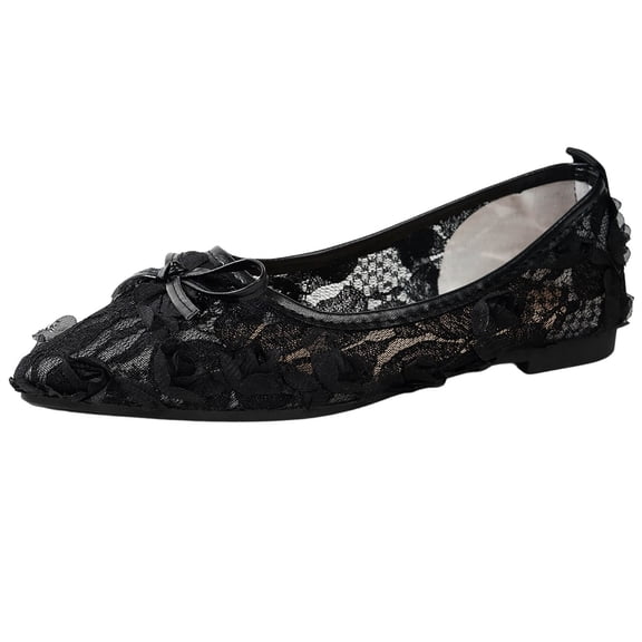 Lovskoo Womens Lace Bow Flats Pointed Toe Soft Sole Elegant Comfort Casual Shoes