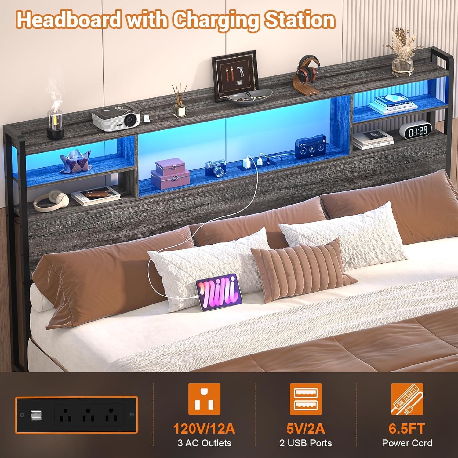 iSunirm Headboard for King Size Bed with Bookcase Storage, King Headboards with LED Light and Power Outlets, Modern King Size Head Board, for King Size Bed, 77.2'' Width, Black Oak