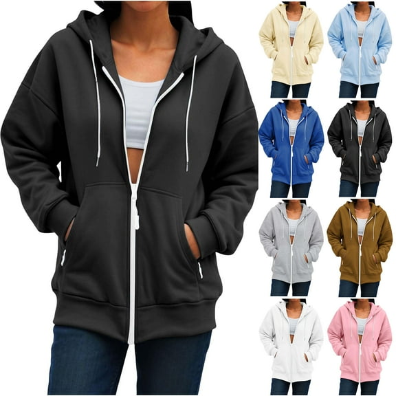 Otntypg Full Zip up Jackets for Women Lightweight Casual Fall Winter Long Sleeve Drawstring Hooded Pullover Sweatshirts Loose Fit Basic Y2K Hoodies Track Jacket with Pockets Light Blue L
