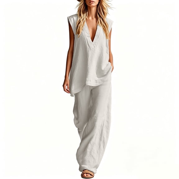 BUIGTTKLOP Cotton Linen 2 Piece Sets for Women V Neck Sleeveless Tops High Waisted Pants with Pockets Summer Outfits