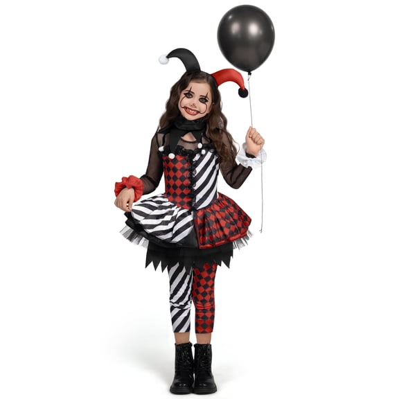 Joyfy Girls Clown Costume, Halloween Evil Clown Costume, Black and Red Jester Dress for Girls Halloween Party Dress Up Cosplay