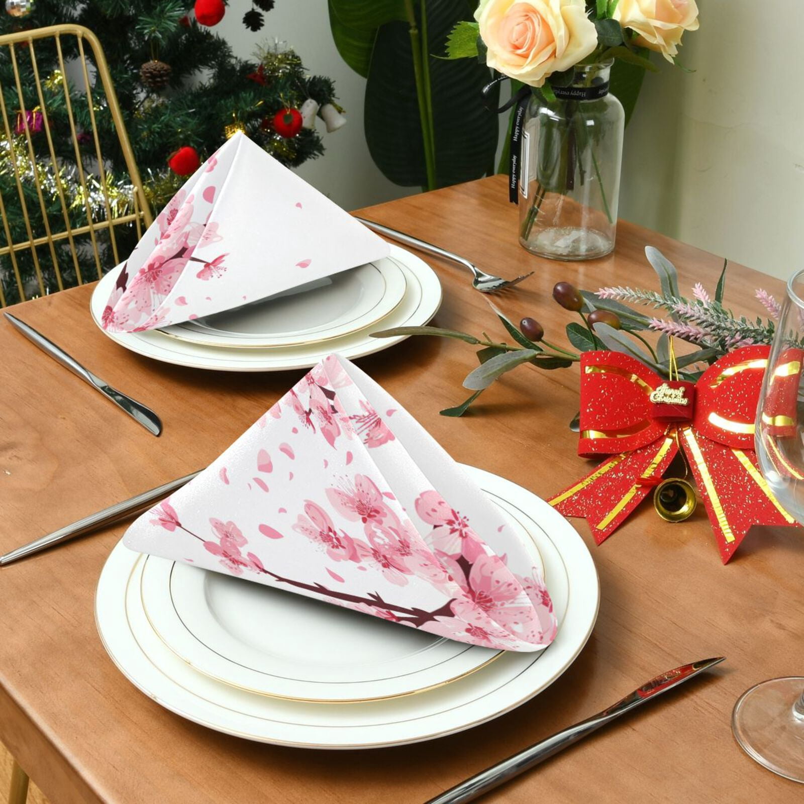 JSTEL Pink Cherry Blossom Flower Floral 6 Cloth Napkins Set of 6, 20x20 Inch Washable and Reusable Napkin for Decoupage Dinner Party Everyday Use