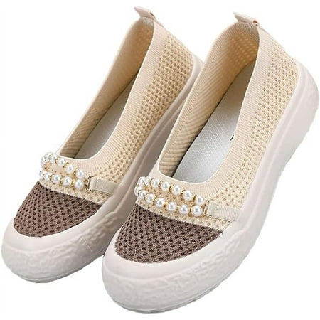 Women s Knit Pearl Platform Loafers Lightweight Comfortable Anti-Collision Round Toe Slip-On Soft Bottom Flat Shoes Casual Walking Mom Shoes