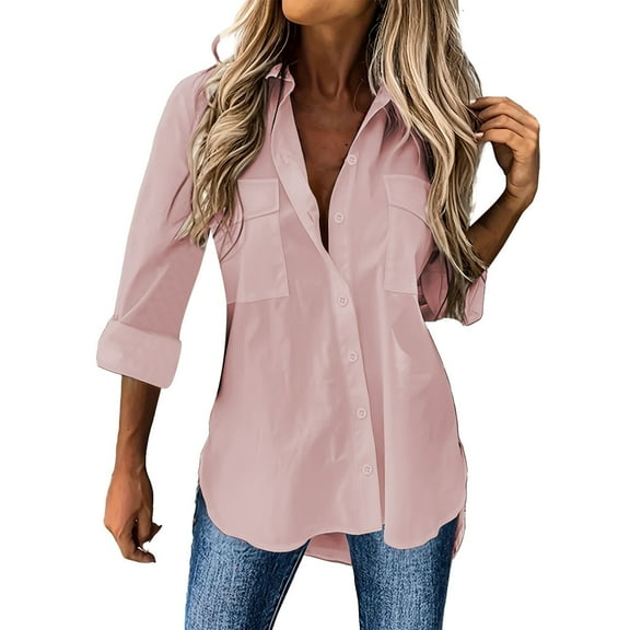 Women Fashion Casual Solid Long Sleeve Lapel Shirt Top With Pockets