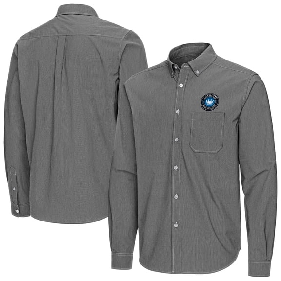 Men's Antigua Black Charlotte FC Porter Woven Tri-Blend Long Sleeve Button-Down Shirt