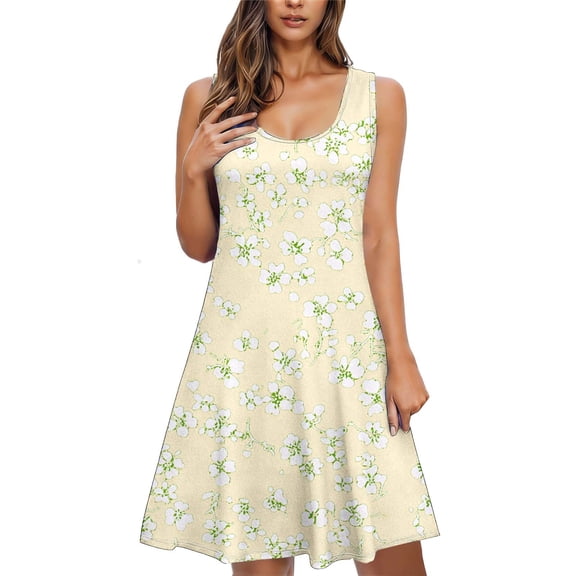 successthop Floral Dresses for Women Sleeveless Knee Length Dress with Pocket Ladies Crewneck Summer Vacation Clothes M