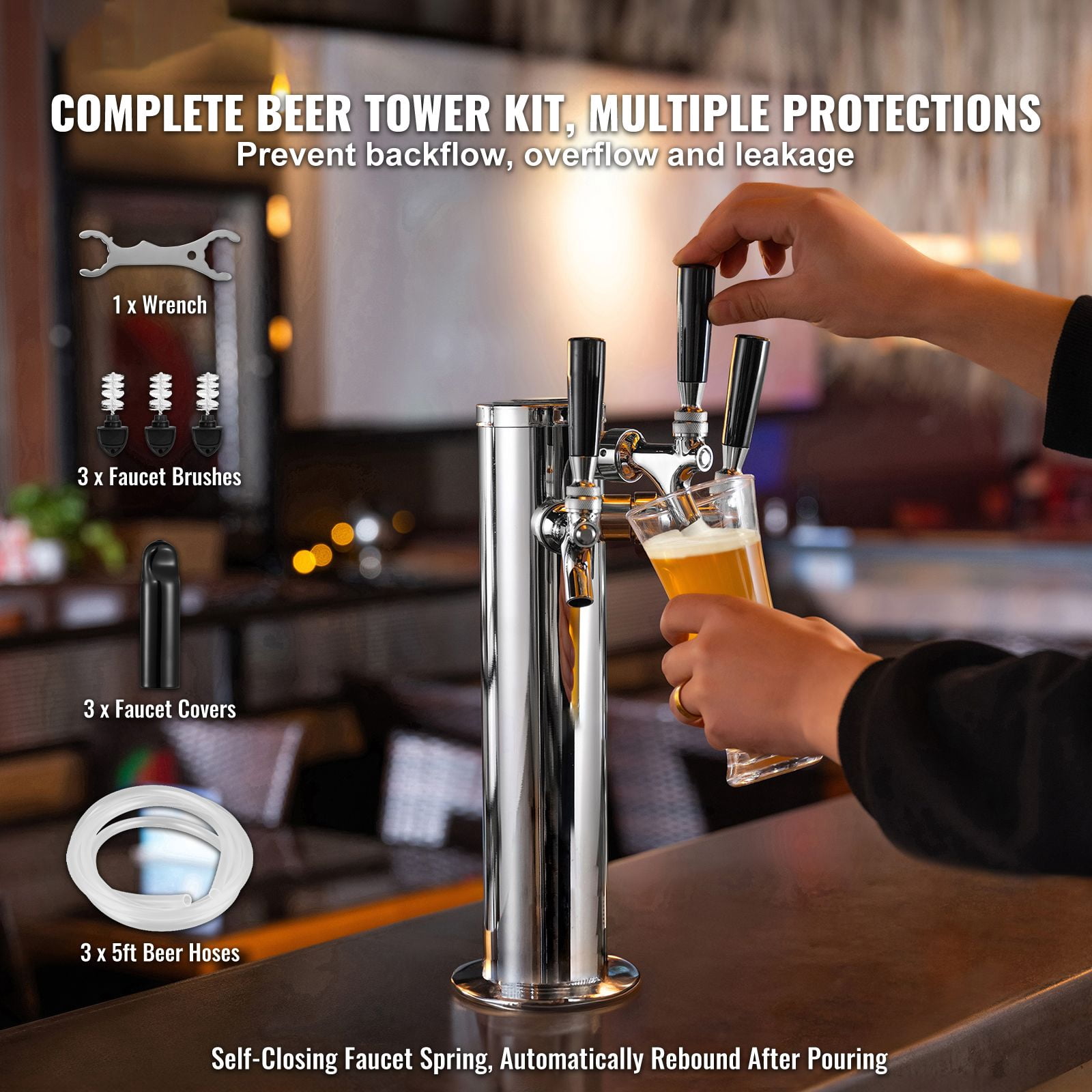 3-Faucet Draft Beer Tower Dispenser with Self-Closing Springs, 8mm Insulation Foam, Stainless Steel Column, for Kegerator Home Bar